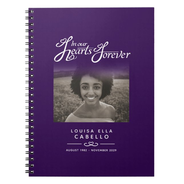 Memorial remembrance hearts dark purple photo notebook (Front)