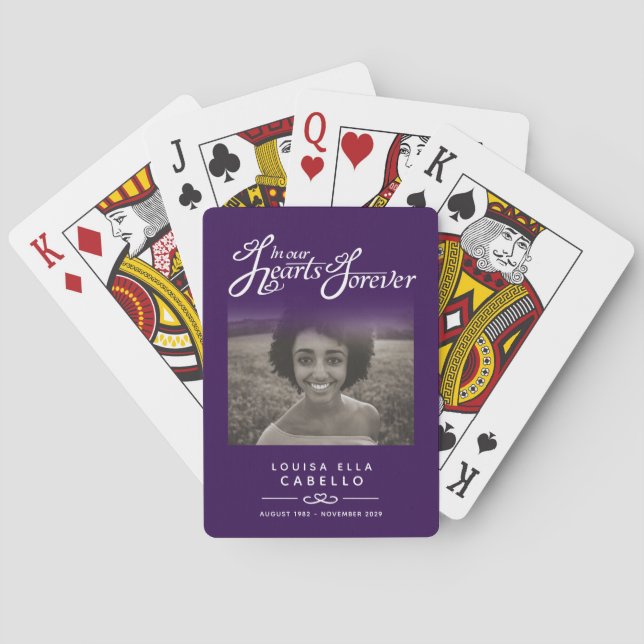 Memorial remembrance hearts purple photo  poker cards (Back)