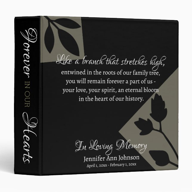 Memorial Remembrance Modern Leaf Black Quote Name 3 Ring Binder (Front/Spine)