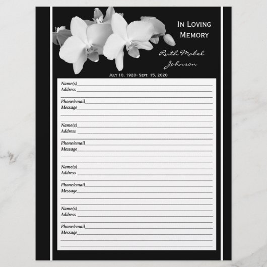 Memorial Remembrance Orchid Guest Book Filler Page (Front)
