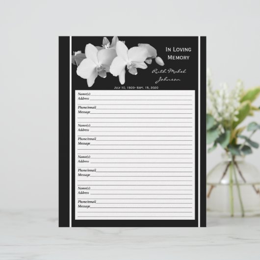 Memorial Remembrance Orchid Guest Book Filler Page (Standing Front)