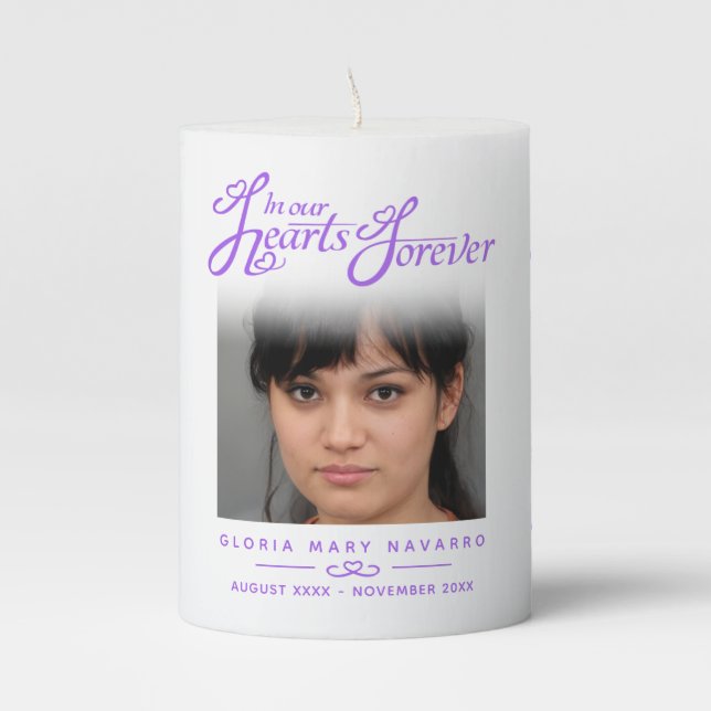 Memorial remembrance photo in hearts white violet pillar candle (Front)