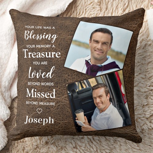 Memorial Remembrance Poem Custom Leather 2 Photo Throw Pillow