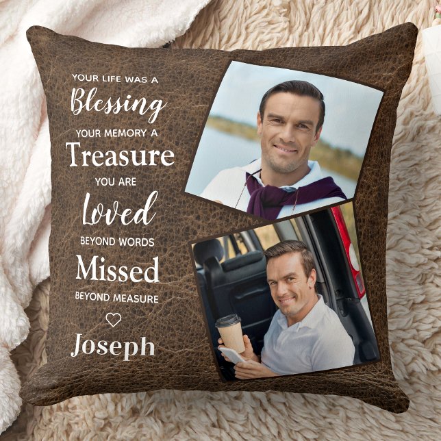 Memorial Remembrance Poem Custom Leather 2 Photo Throw Pillow (Creator Uploaded)