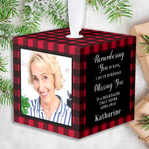 Memorial Remembrance Red Plaid Custom 3 Photo Cube Ornament