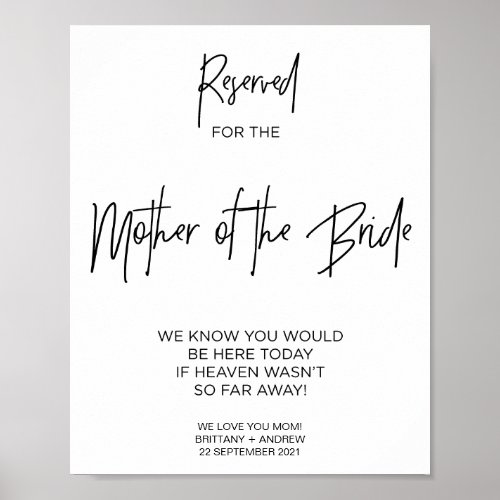 Memorial Reserved for Mother of the Bride Wedding Poster