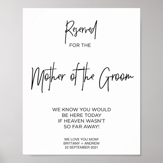 Memorial Reserved for Mother of the Groom Wedding Poster (Front)