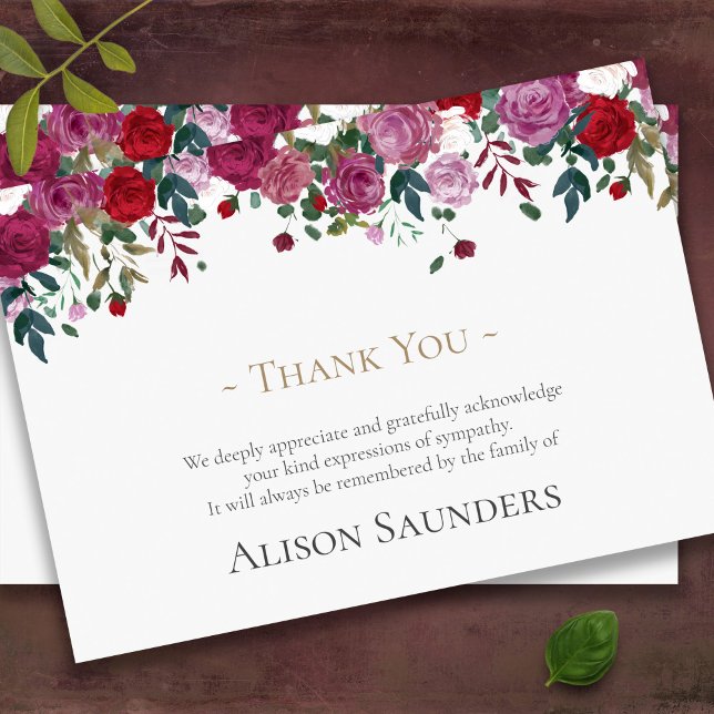 Memorial Roses Sympathy Funeral Thank You Cards (Pink roses bereavement sympathy memorial funeral thank you card)
