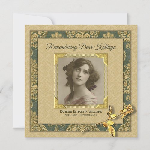 Memorial Service Add Your Photo Gold Damask Rose Invitation