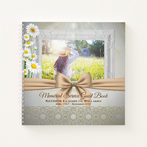Memorial Service Beige Bow Daisies Photo Guestbook Notebook
