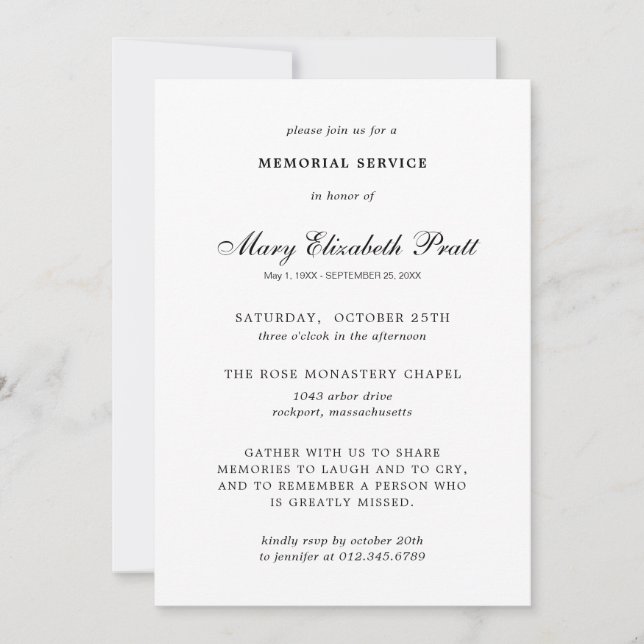 Memorial Service Black White Elegant Funeral Invitation (Front)