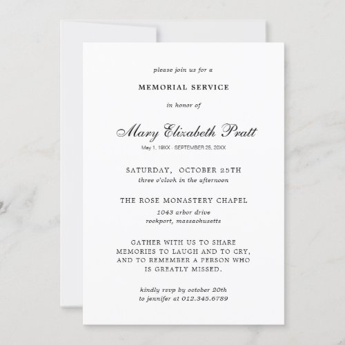 Memorial Service Black White Elegant Funeral Invitation