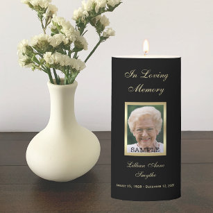 Memorial Service Black with Photo 3 x 6 Flame Pillar Candle
