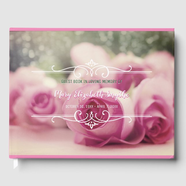 Memorial Service Celebrating a Life Pink Roses Guest Book (Front)