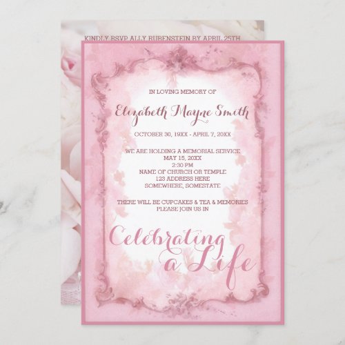 Memorial Service Celebrating a Life Pink Roses Invitation