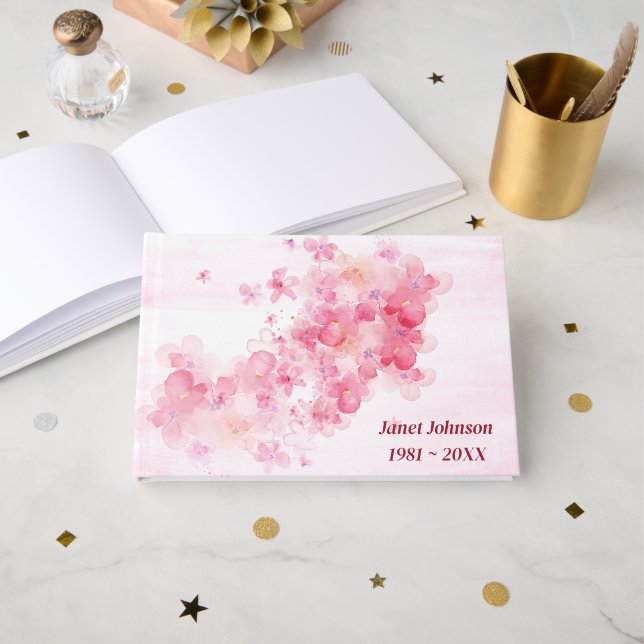 Memorial Service Cherry Blossoms On Pink  Guest Book (Front Open)