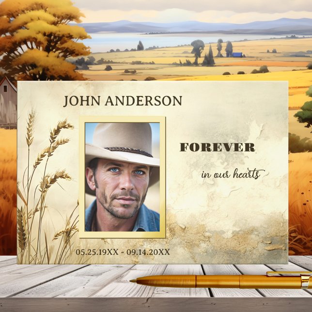 Memorial Service Country Photo Real Foil  Foil Guest Book (Memorial guest book showing a custom photo framed by real gold foil on a country design with wheat.)
