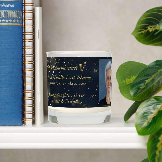 Memorial Service Custom Elegant Black Gold Glitter Scented Candle (Shelf)