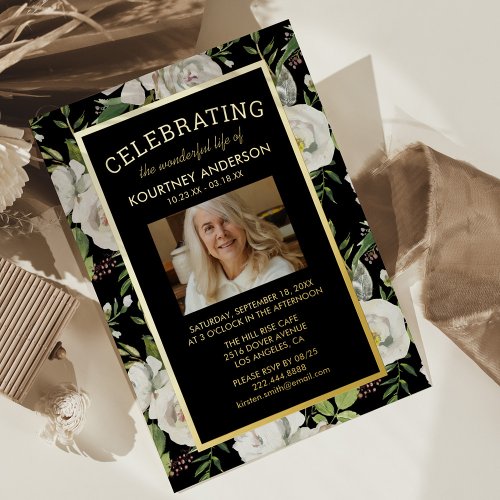 Memorial Service  Elegant Photo Funeral Foil Invitation