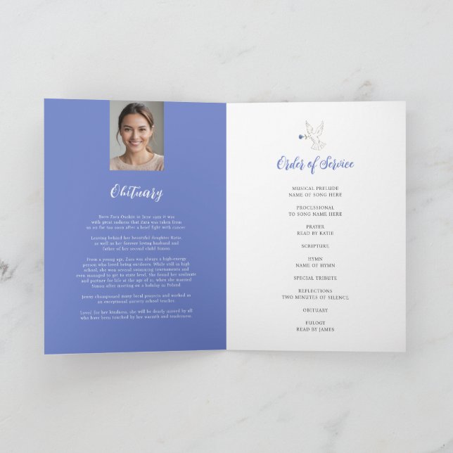 Memorial service funeral dove blue rose photo program (Inside)