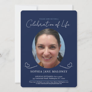 Memorial service funeral heart oval photo navy invitation