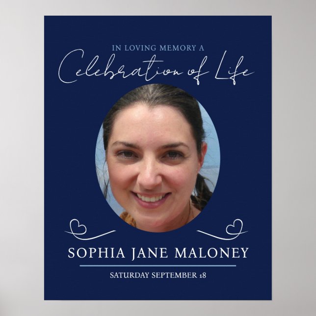 Memorial service funeral heart oval photo navy poster (Front)