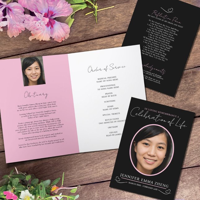 Memorial service funeral heart photo pink black program (Creator Uploaded)