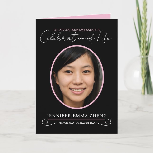 Memorial service funeral oval photo pink black program (Front)