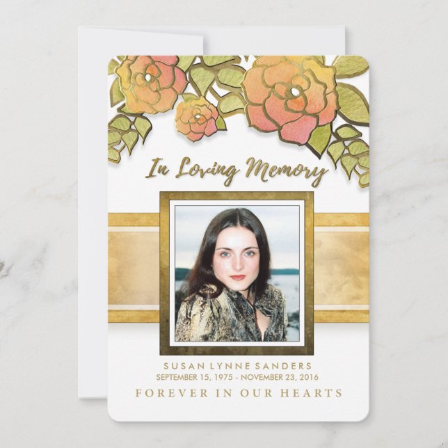 Memorial Service Golden Flowers Photo Invitation (Front)