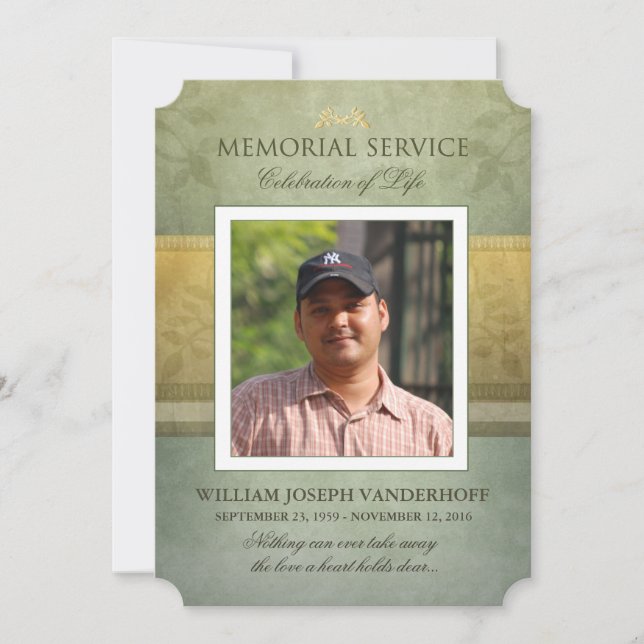 Memorial Service Green Gold Elegance Photo Invite (Front)