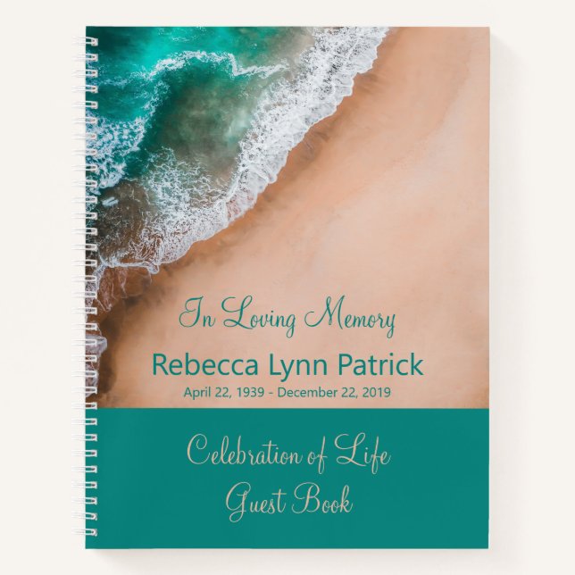 Memorial Service Guestbook Waves Washing Seashore Notebook (Front)