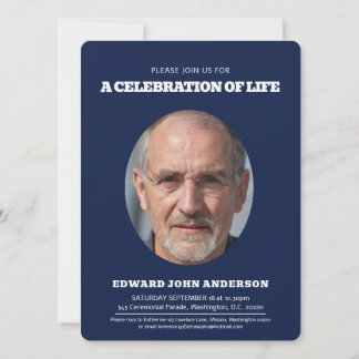 Memorial service heart oval photo blue white invitation