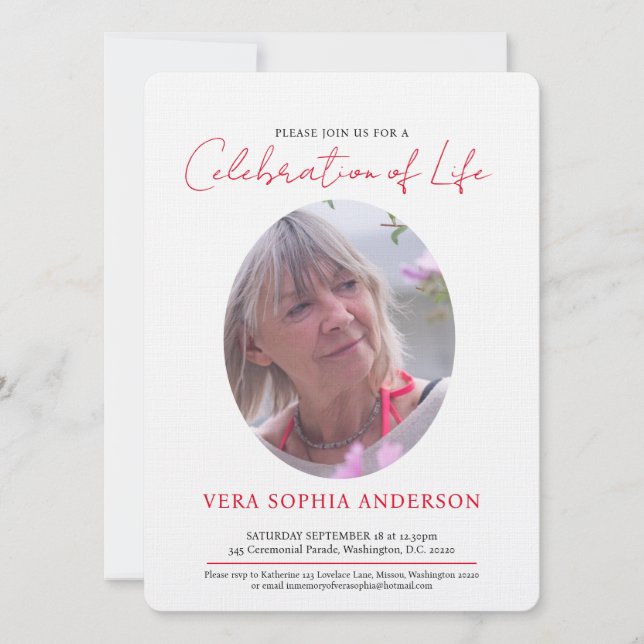 Memorial service heart oval photo red black white invitation (Front)