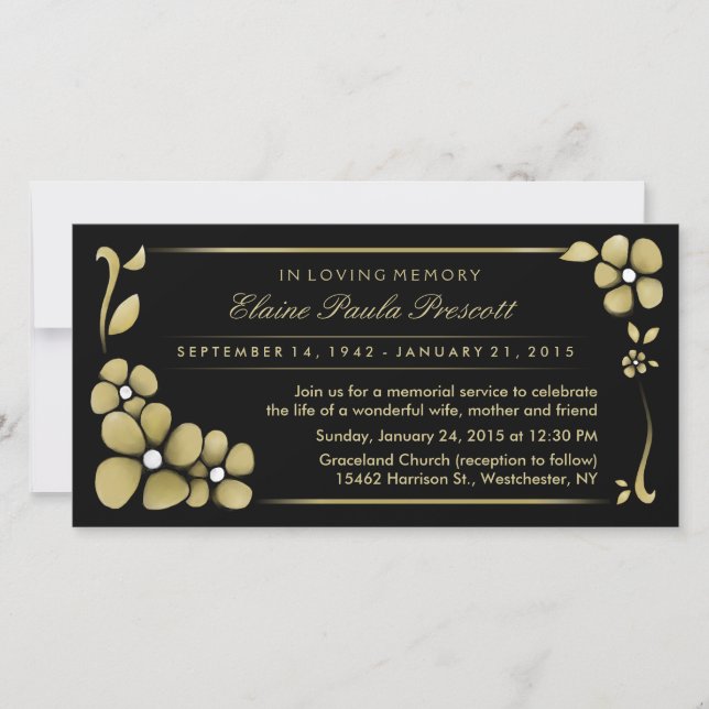 Memorial Service Invitation - Gold & Black Floral (Front)