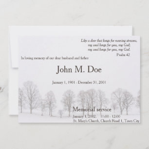 Memorial service invitation with trees and snow