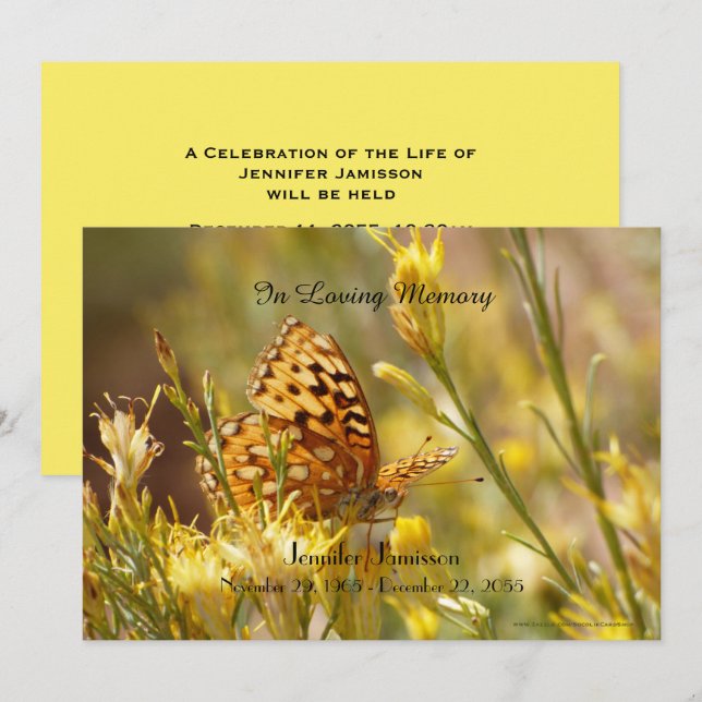 Memorial Service Invitation, Yellow Butterfly Invitation (Front/Back)