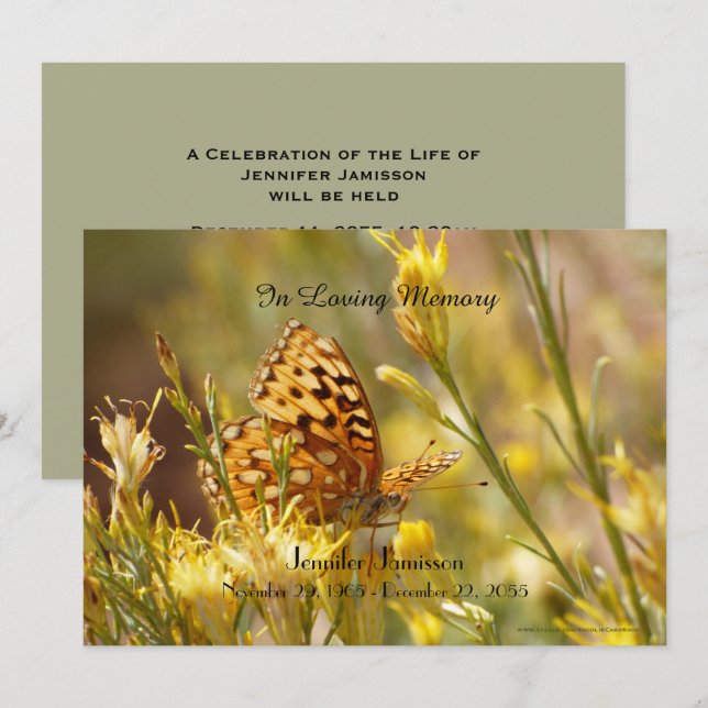 Memorial Service Invitation, Yellow Butterfly Invitation (Front/Back)