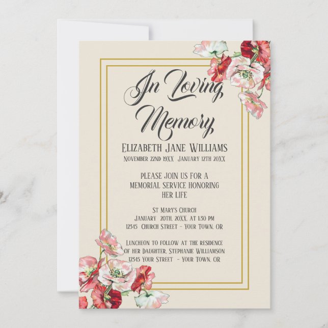 Memorial Service  Invitations | Watercolor Poppies (Front)