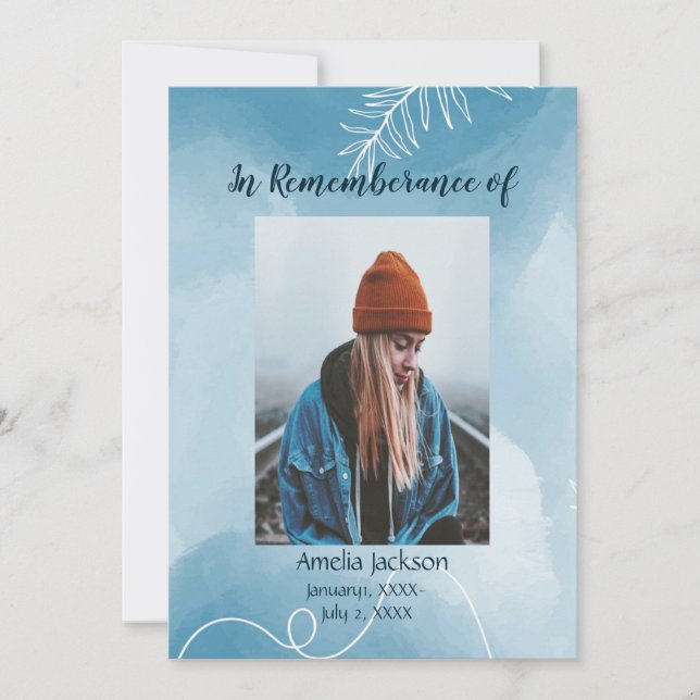 Memorial Service Invite Blue Botanical Leaves  (Front)