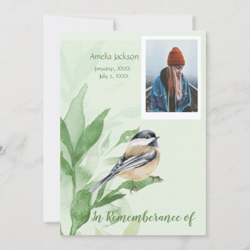 Memorial Service Invite Chickadee Bird Botanical