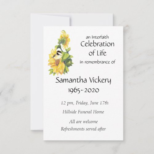 Memorial Service Invite Chickadee Sunflower