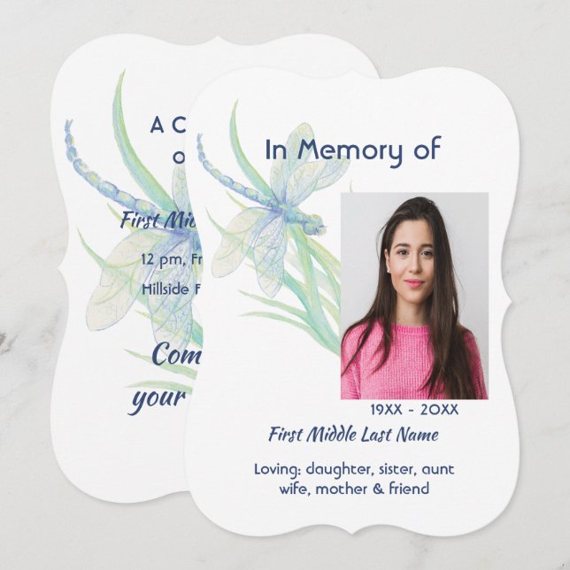 Memorial Service Invite Dragonfly Watercolor Art (Front/Back)