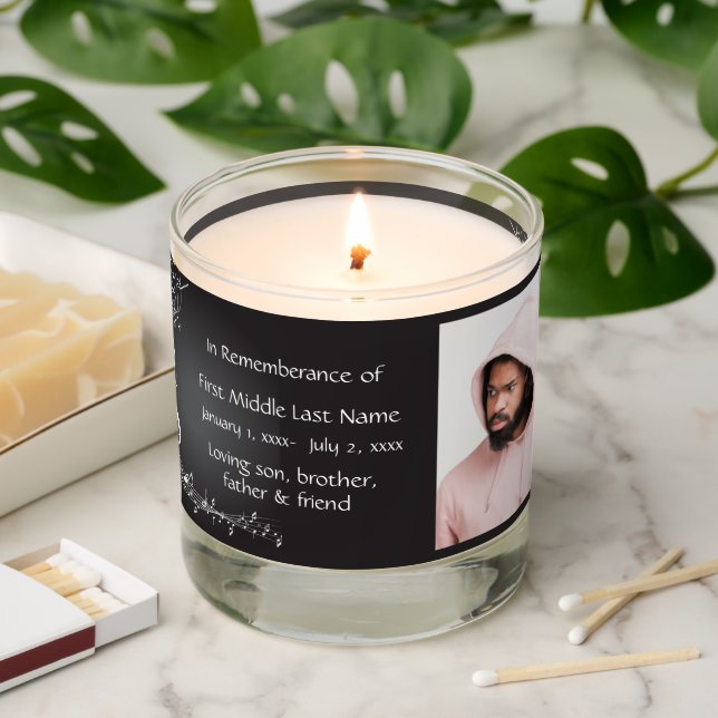 Memorial Service Invite Music Notes background Scented Candle (Lit)