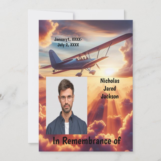 Memorial Service Invite Pilot Airplane Flying Suns (Front)