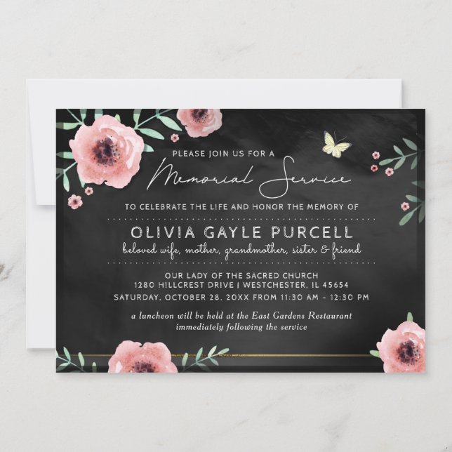 Memorial Service Invite Pink & Black Floral (Back)