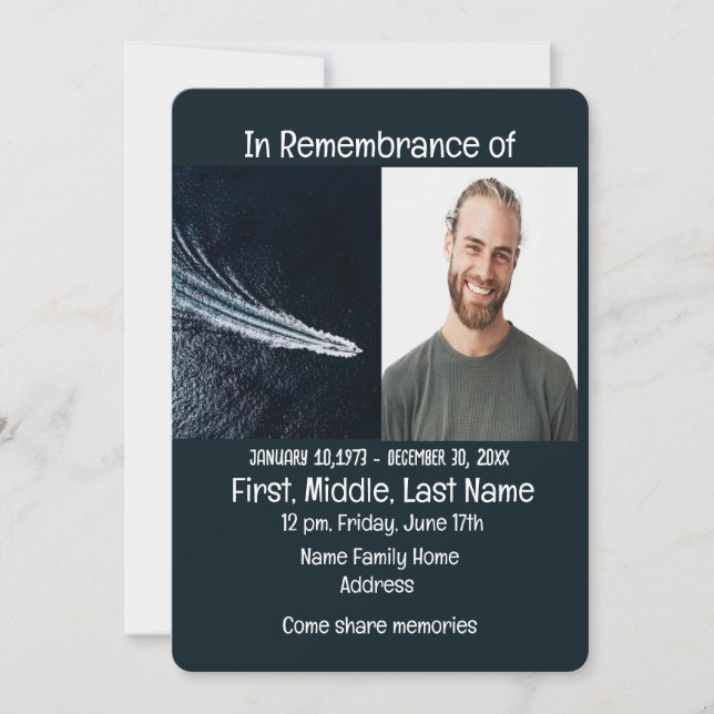 Memorial Service Invite Power Boat Motor (Front)