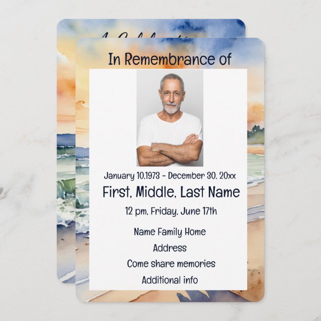 Memorial Service Invite Watercolor Beach Paradise  (Front/Back)