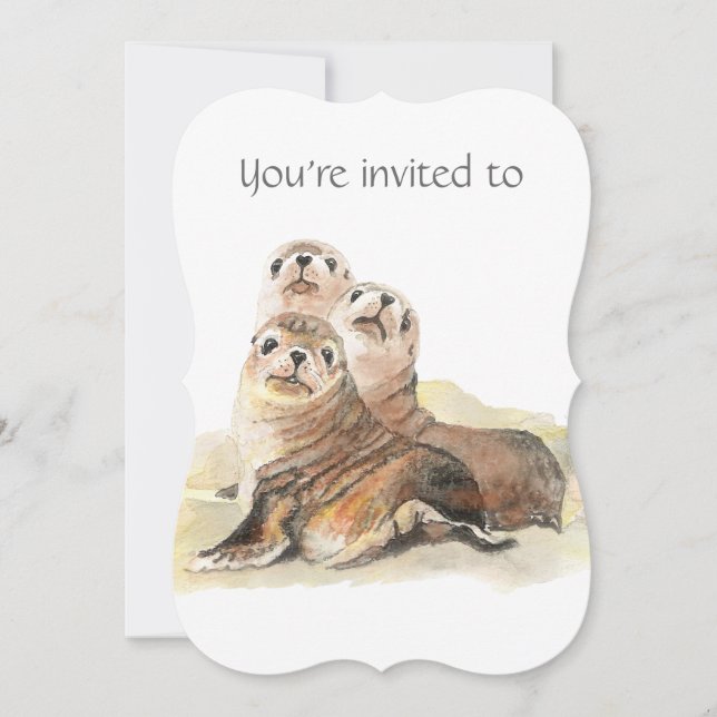 Memorial Service Invite Watercolor Seals Animals (Front)