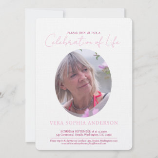 Memorial service oval photo and pink invitation