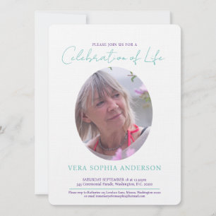 Memorial service oval photo aqua purple invitation